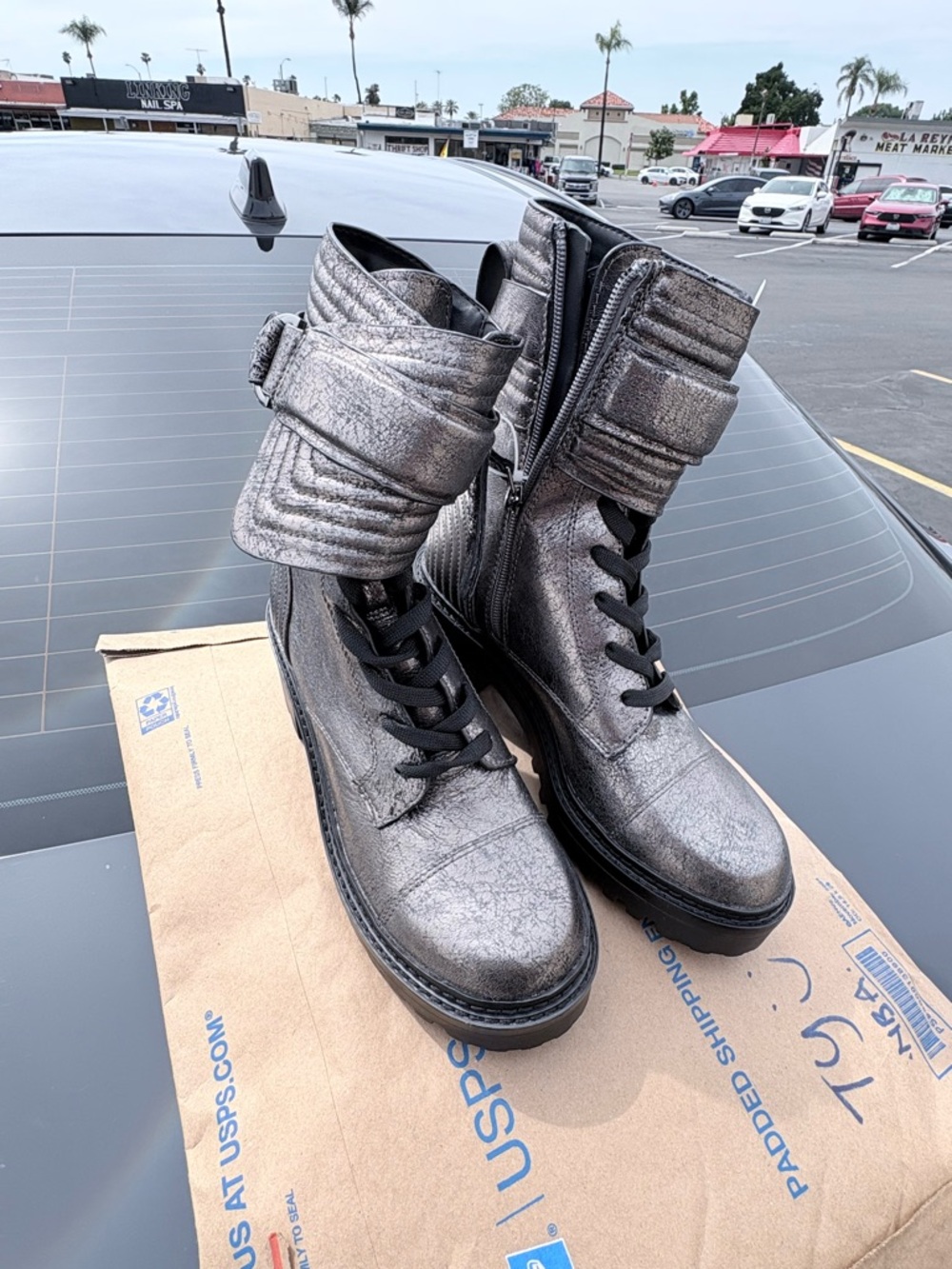 DKNY Metallic Silver Lace-Up Combat Boots with Fold-Over Cuff